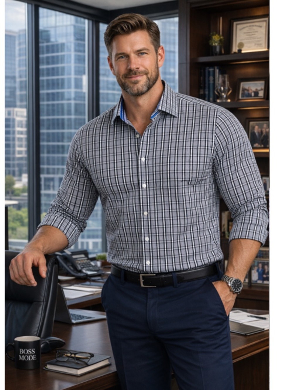 TailorByrd Black/Blue Check Spread Collar Dress Shirt